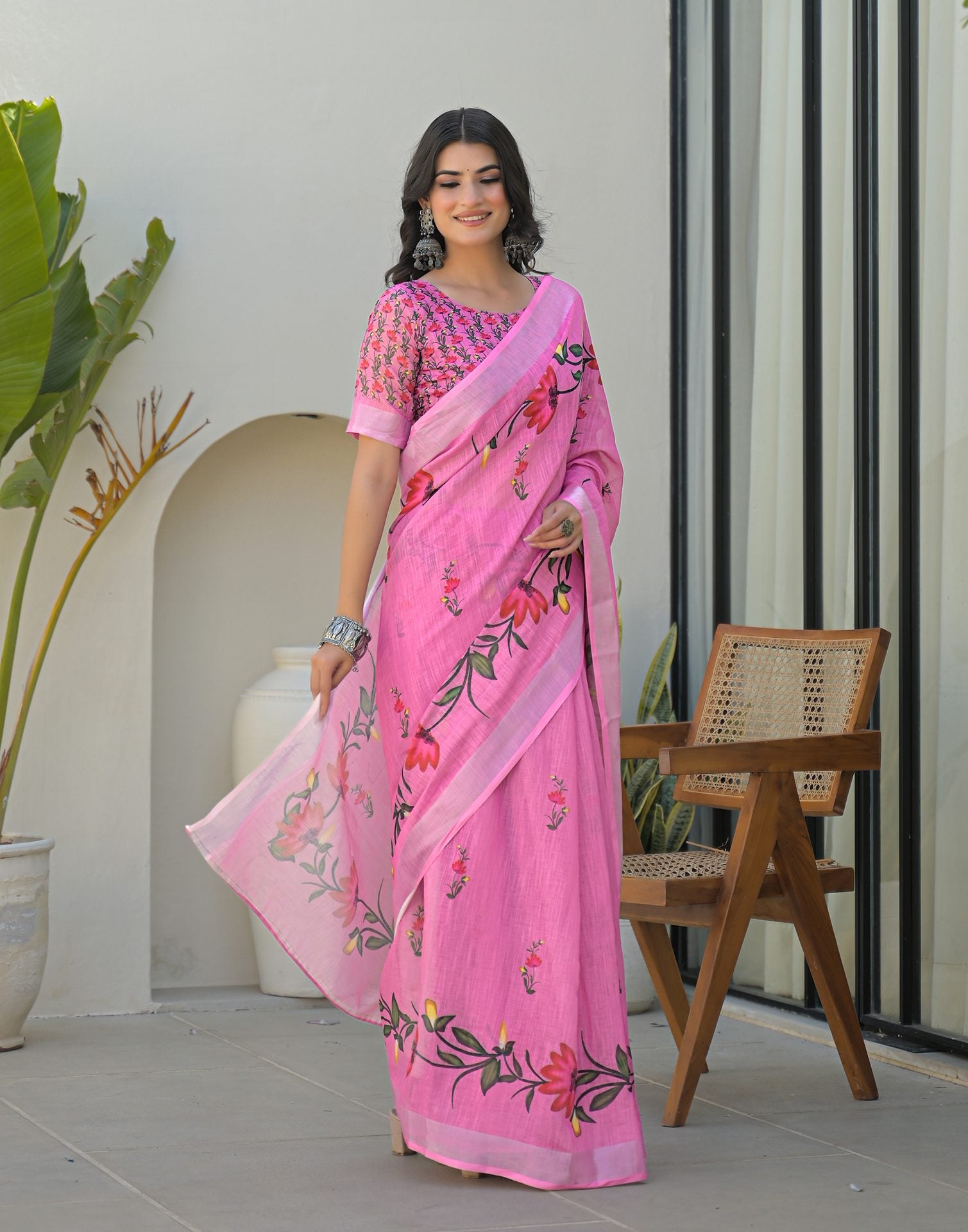 Pink Linen Floral Printed Saree
