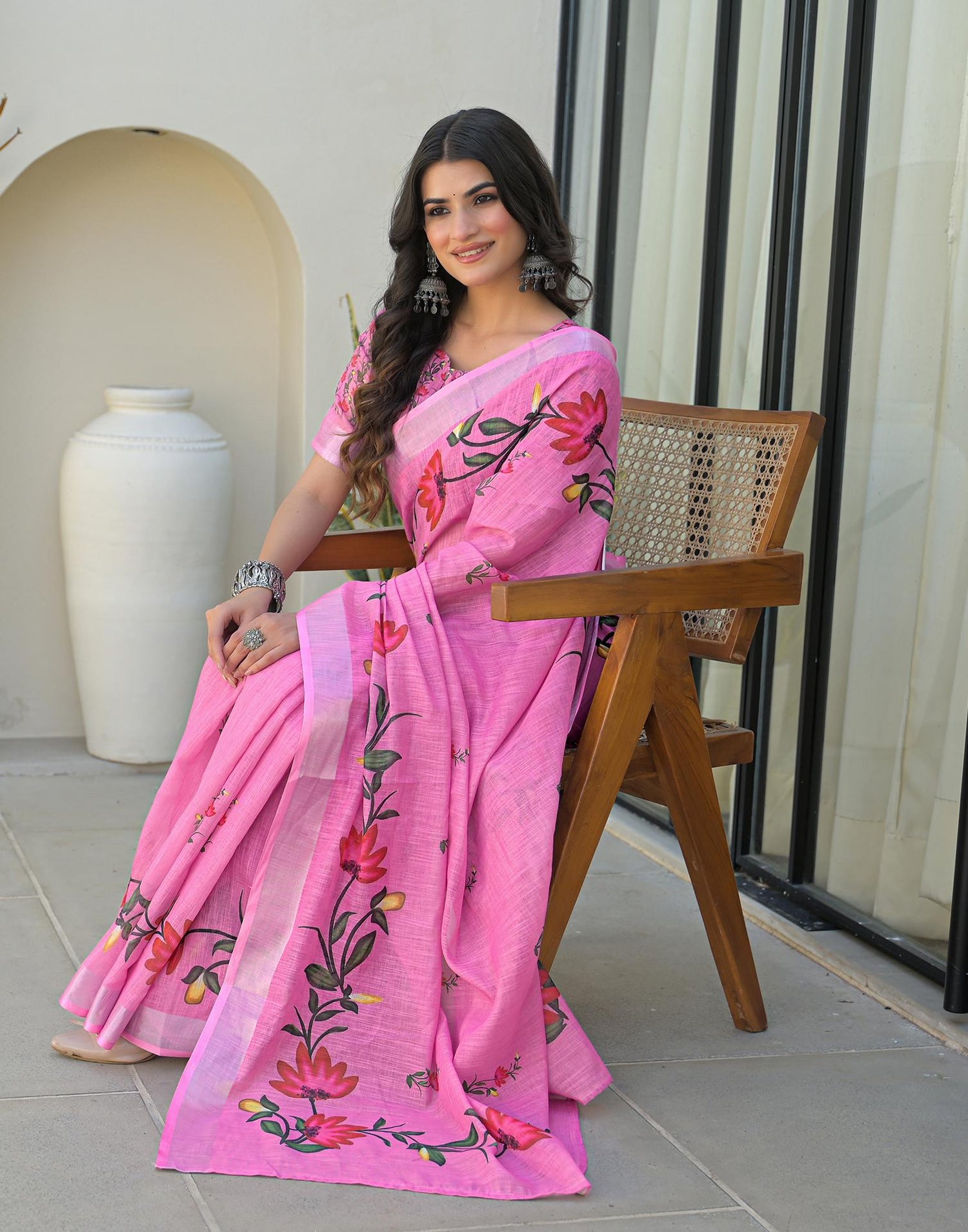 Pink Linen Floral Printed Saree