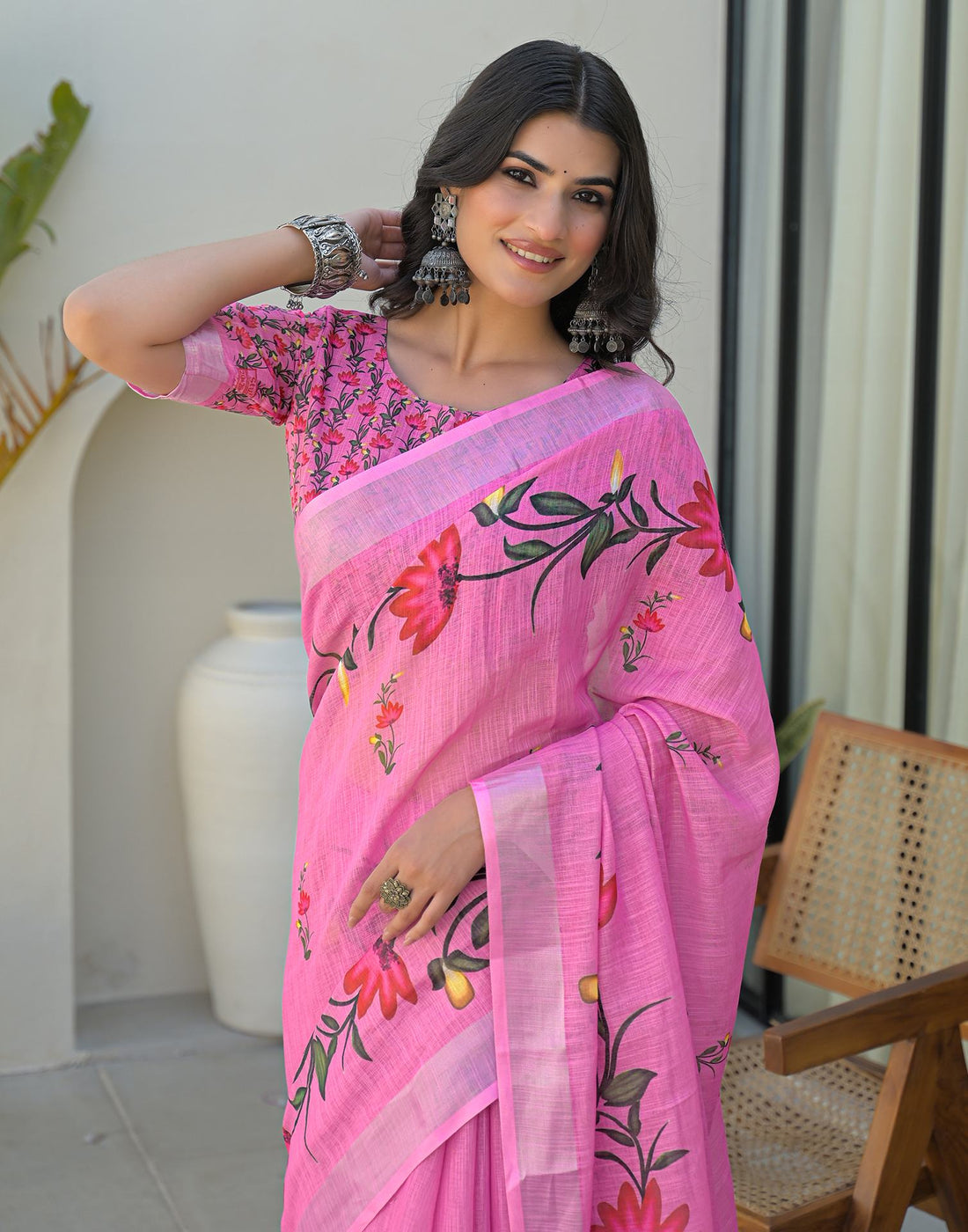 Pink Linen Floral Printed Saree