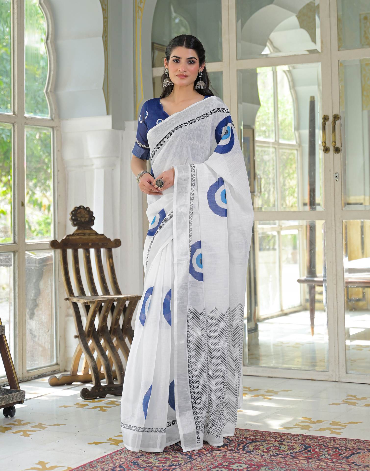 White Linen Printed Saree