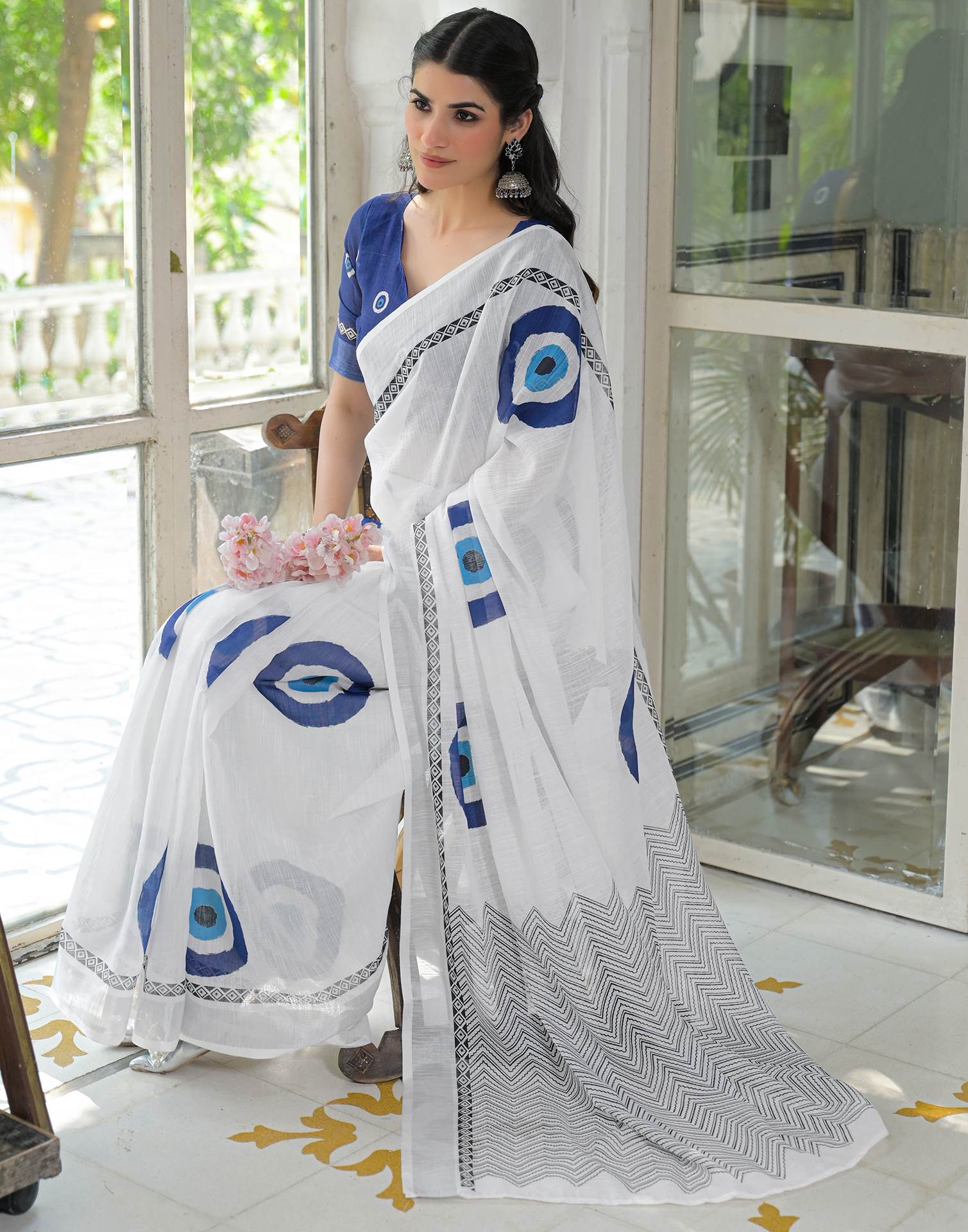 White Linen Printed Saree