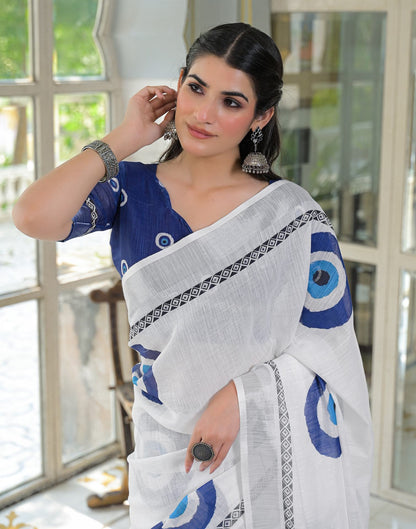 White Linen Printed Saree