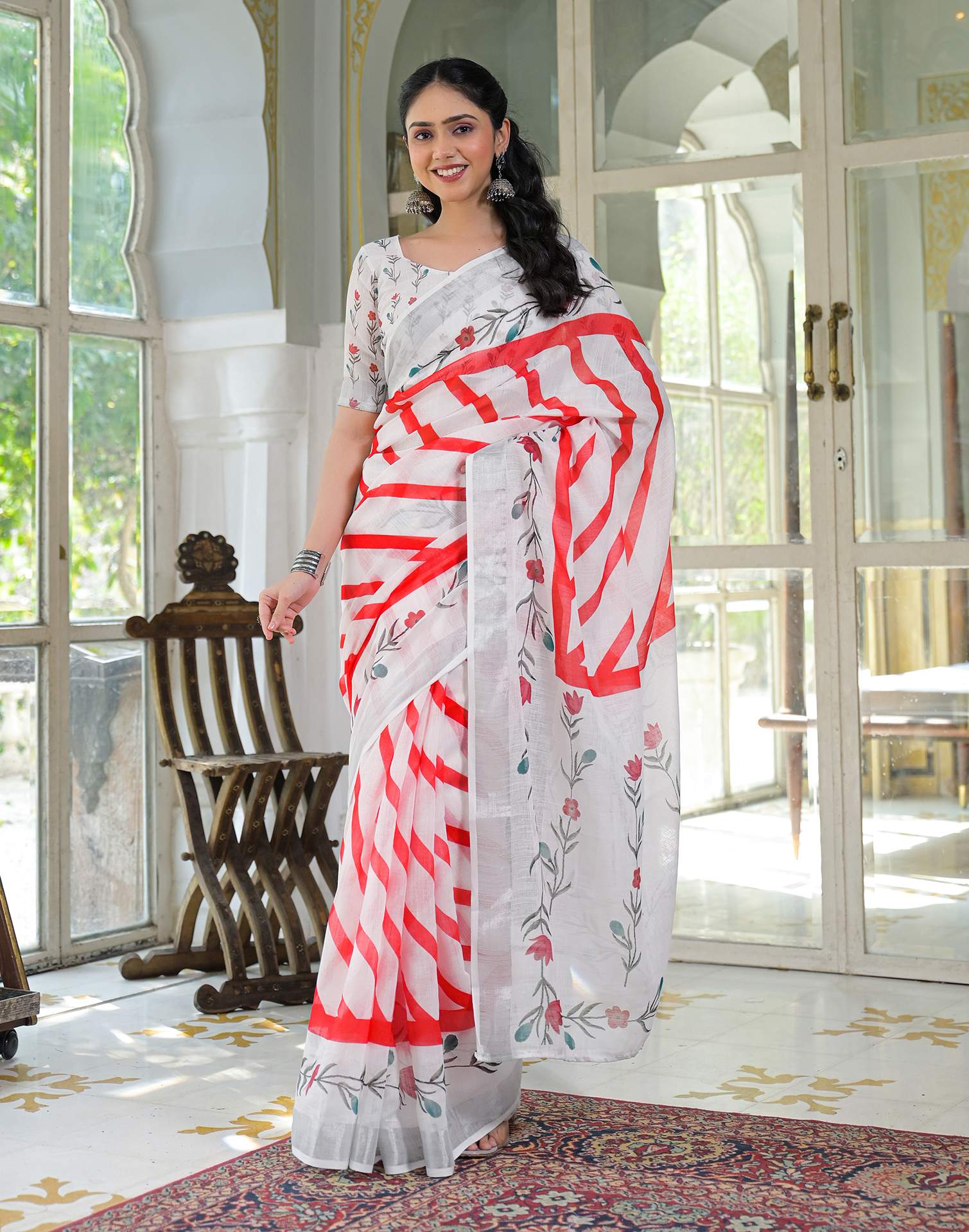 White Linen Printed Saree