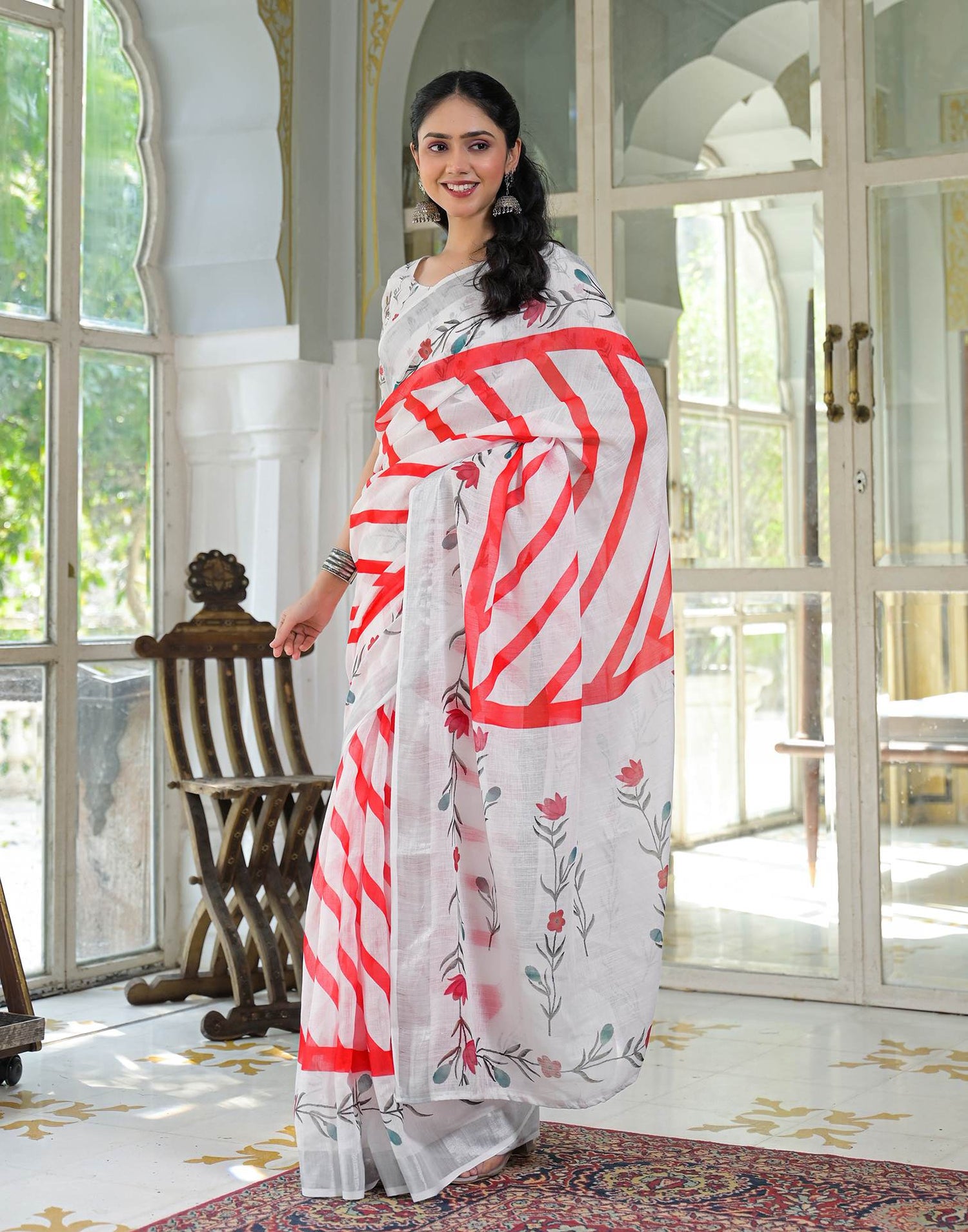 White Linen Printed Saree