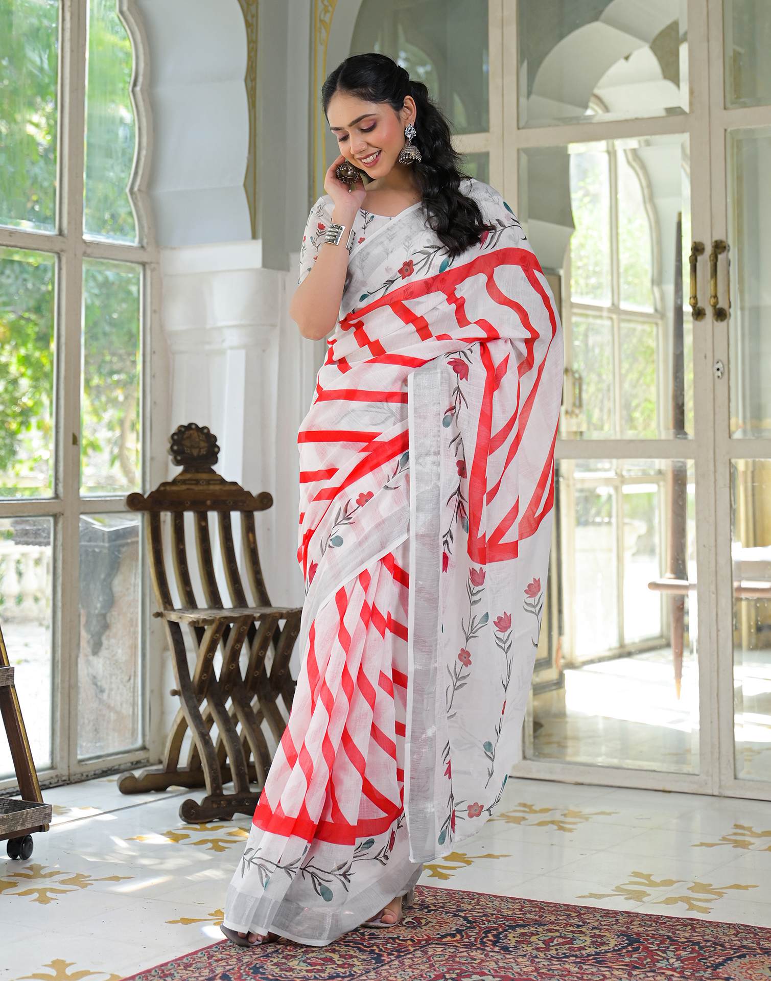 White Linen Printed Saree