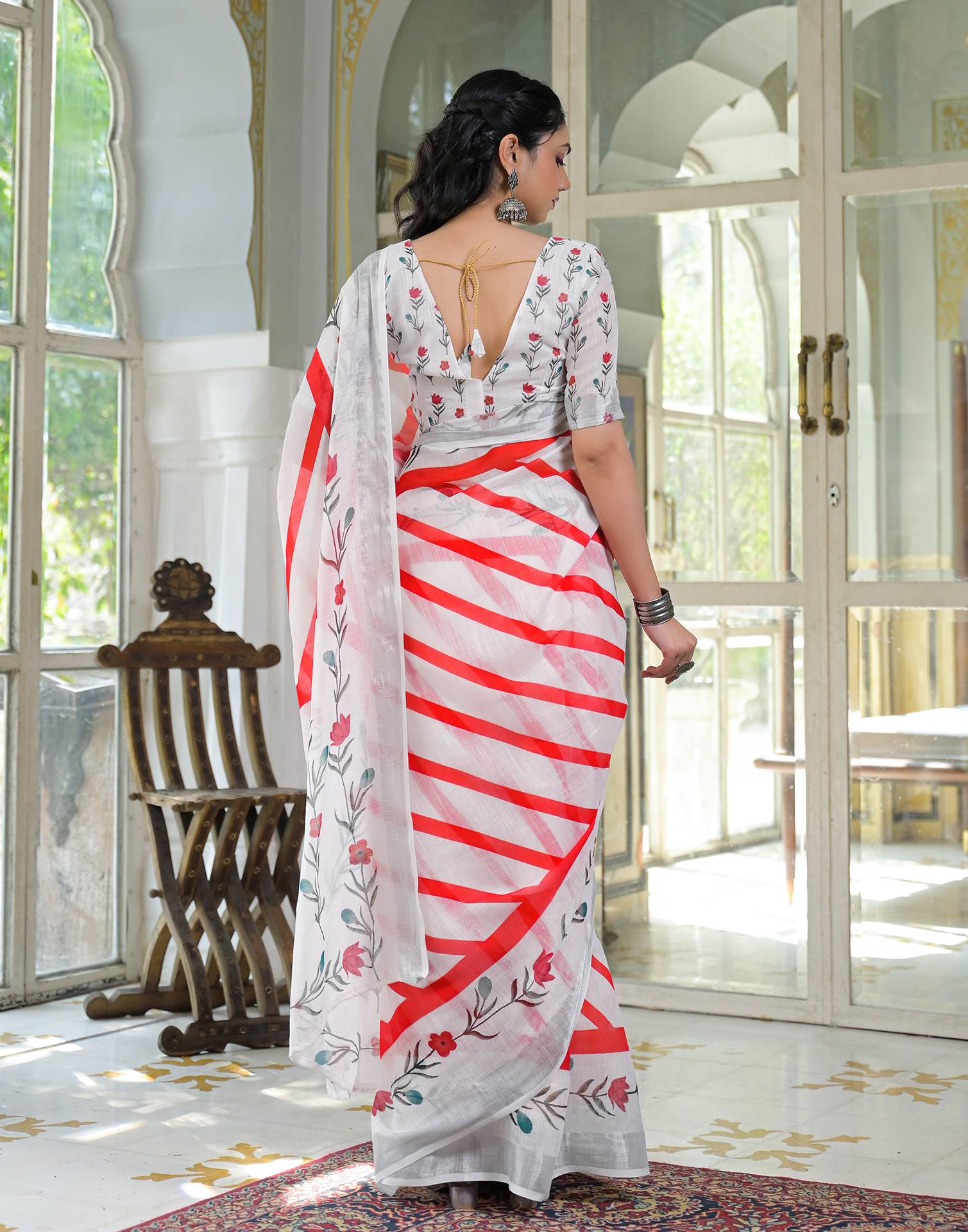 White Linen Printed Saree