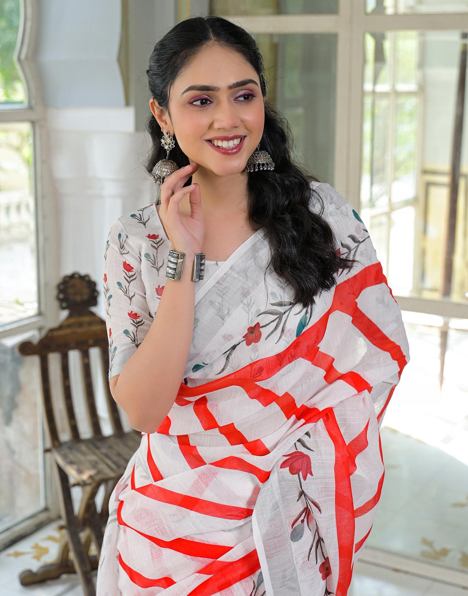 White Linen Printed Saree