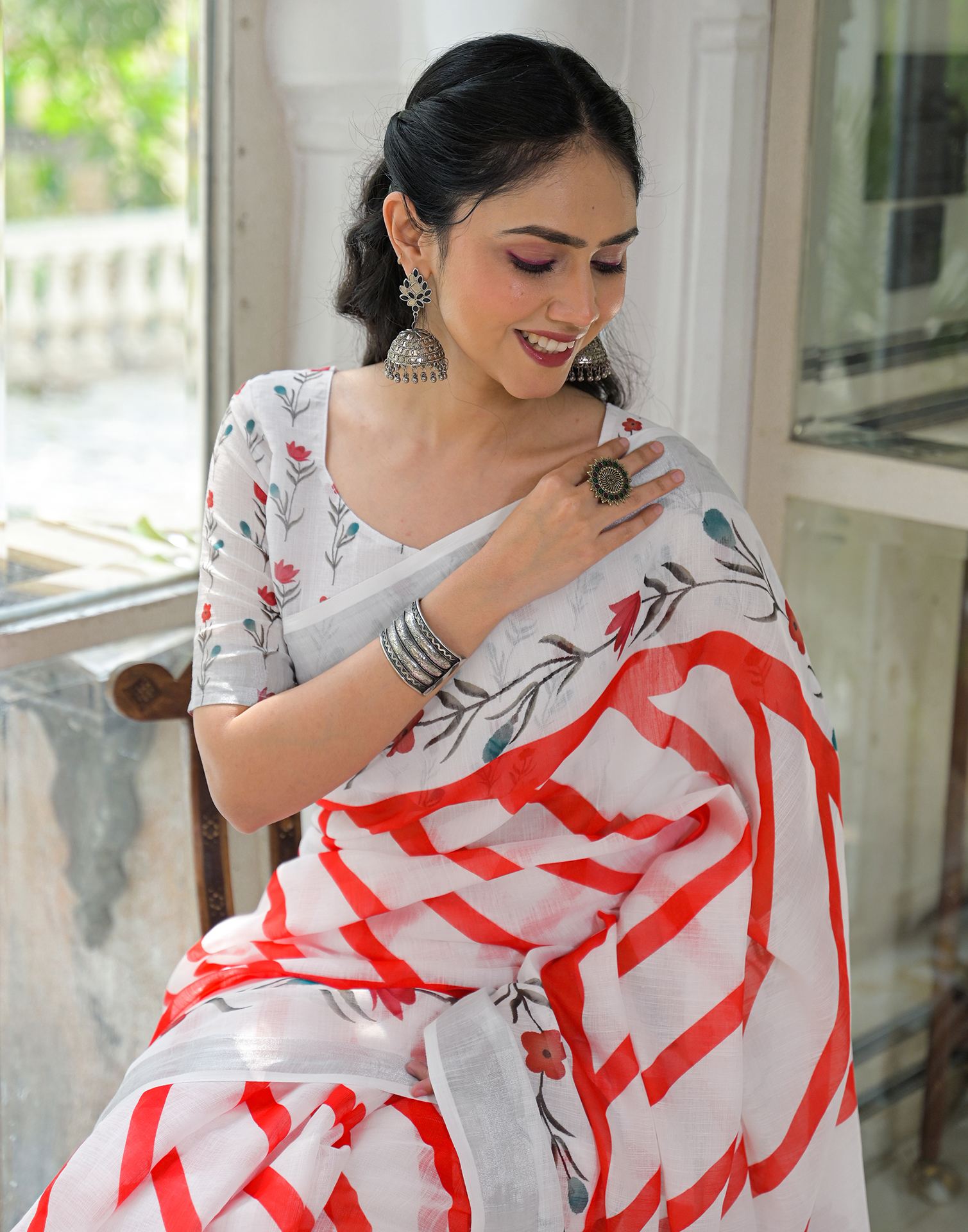 White Linen Printed Saree