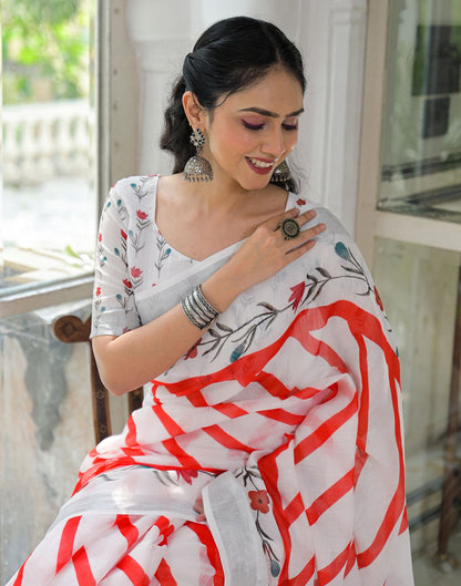 White Linen Printed Saree