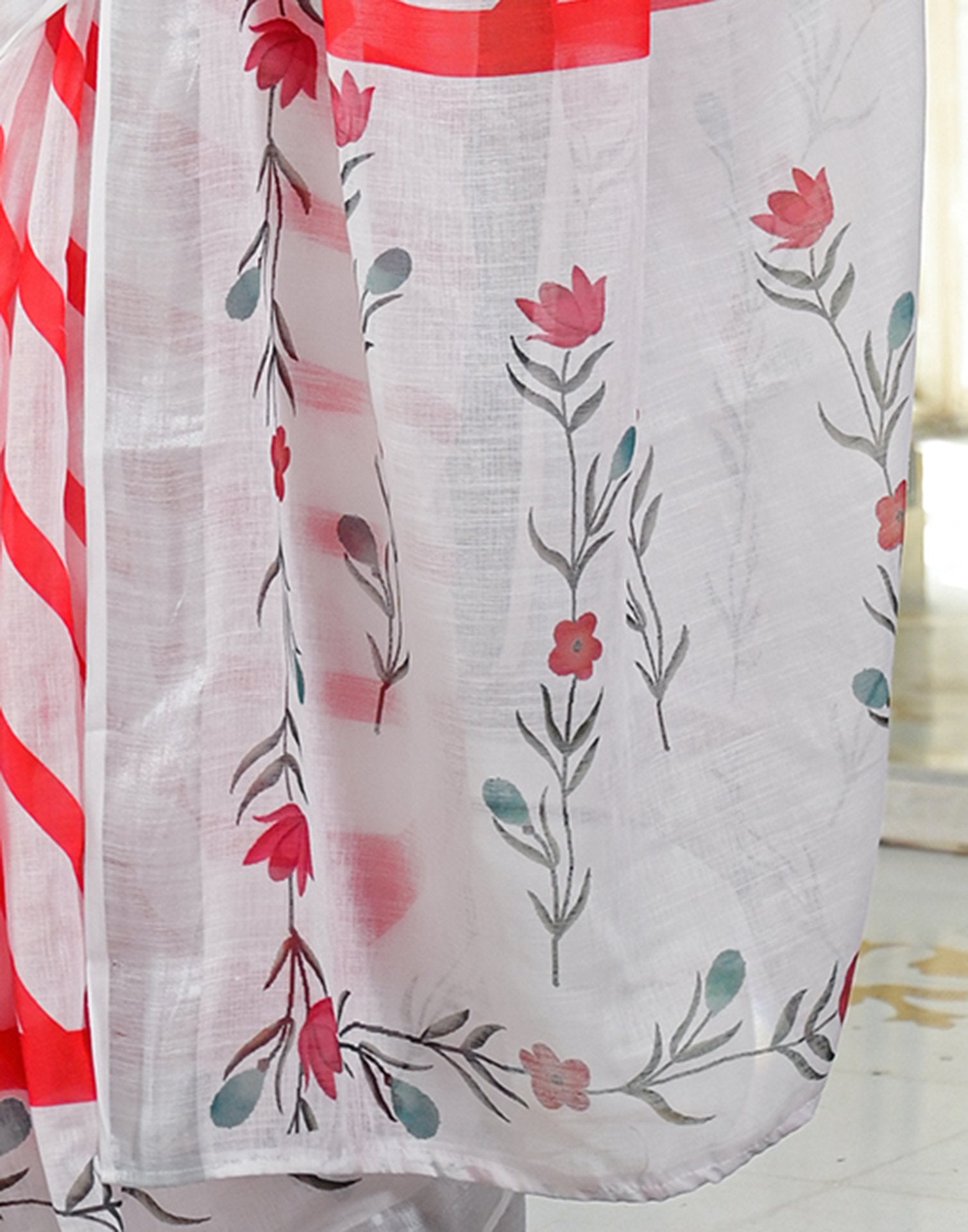 White Linen Printed Saree
