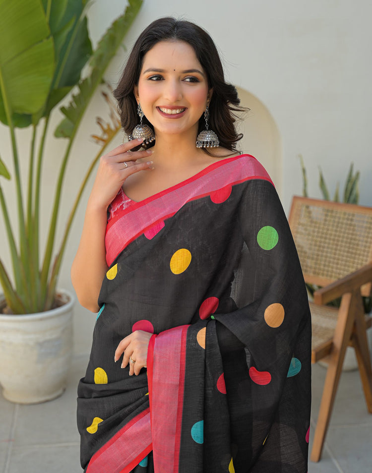 Black Linen Printed Saree