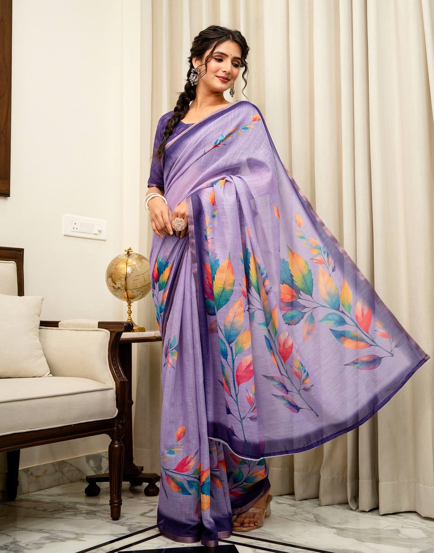 Lavender Linen Printed Saree