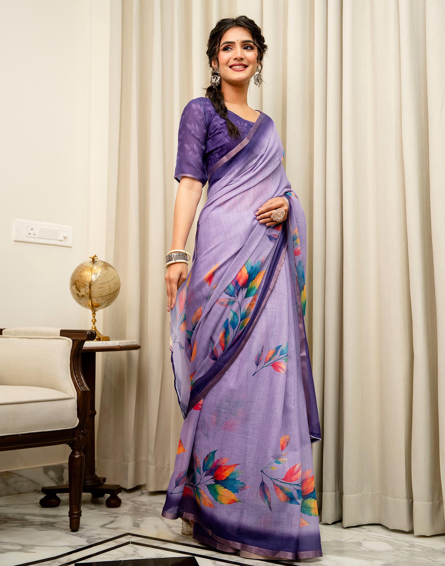 Lavender Linen Printed Saree
