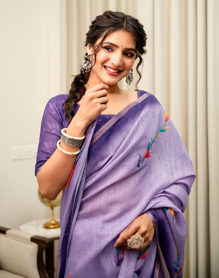 Lavender Linen Printed Saree