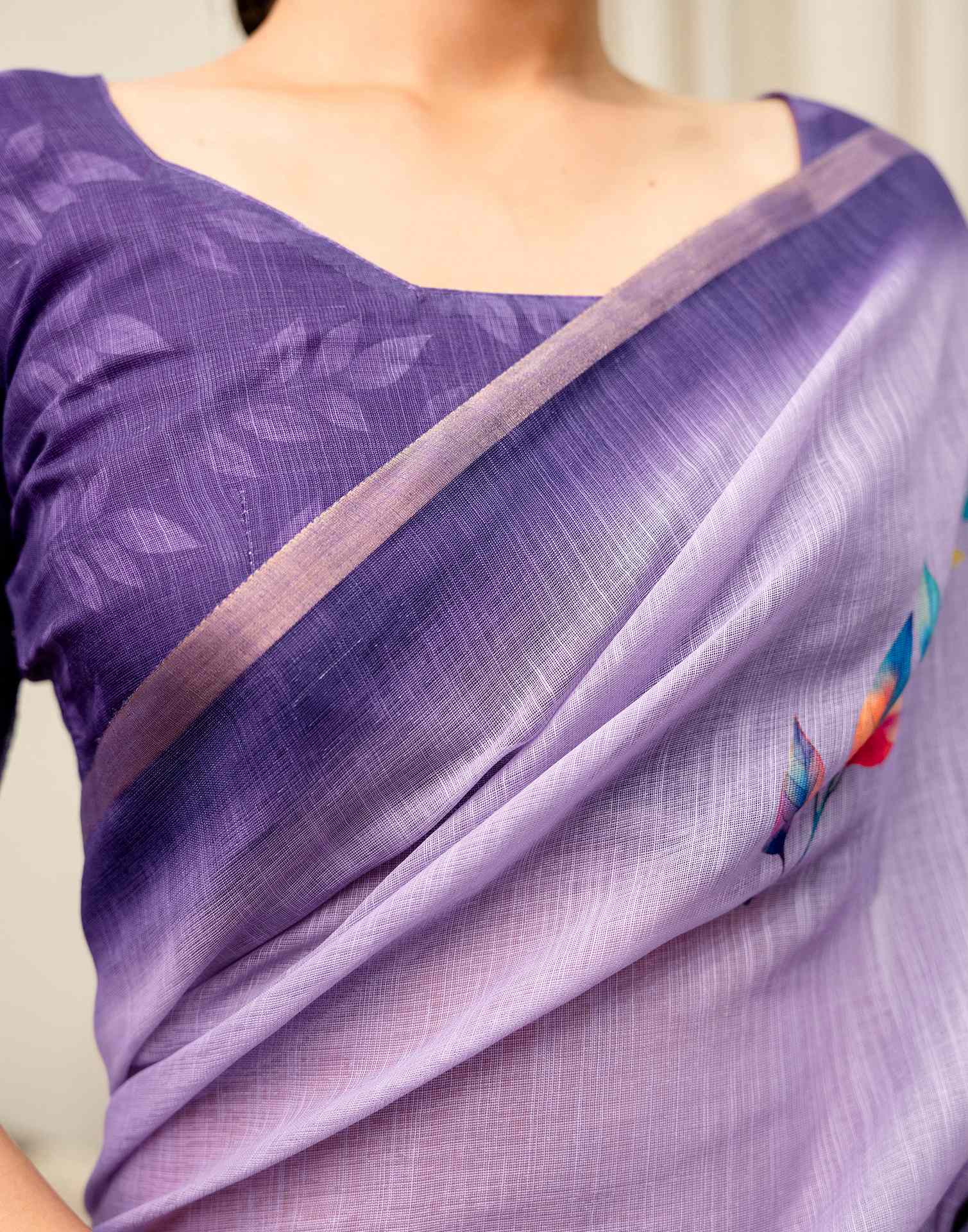 Lavender Linen Printed Saree
