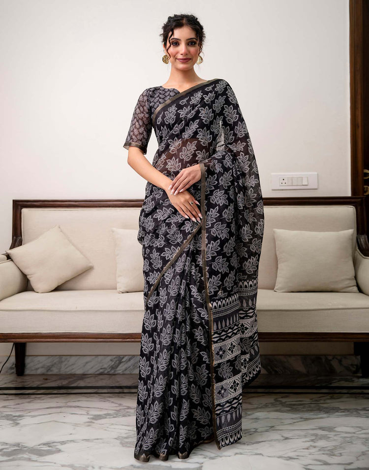 Black Linen Printed Saree