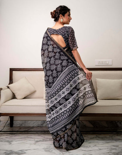 Black Linen Printed Saree