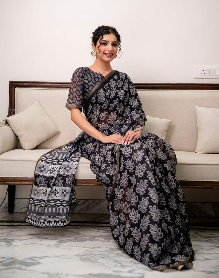 Black Linen Printed Saree