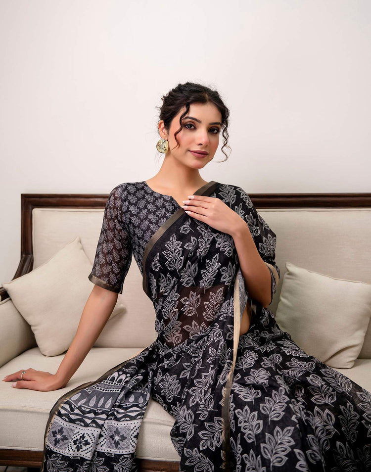 Black Linen Printed Saree