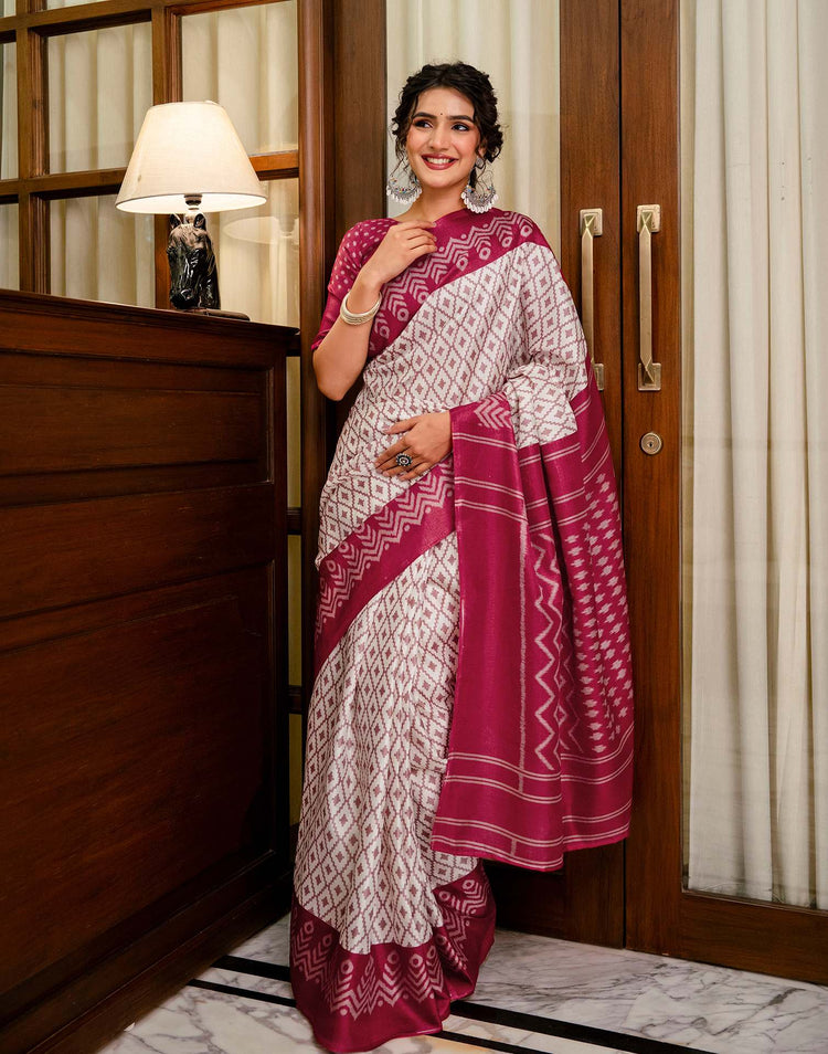 Off White Khadi Ikkat Printed Saree 