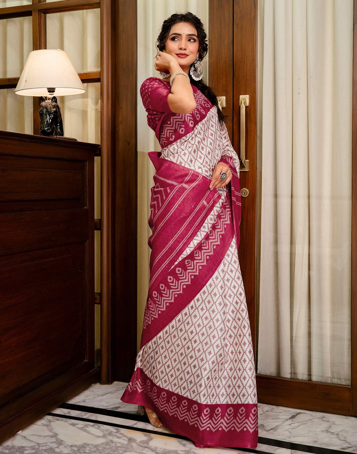 Off White Khadi Ikkat Printed Saree 