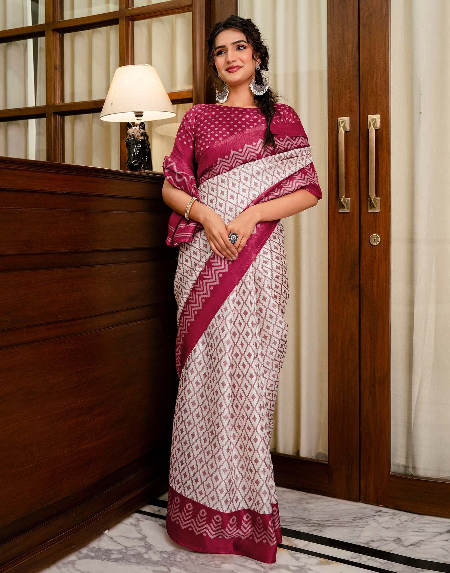 Off White Khadi Ikkat Printed Saree 