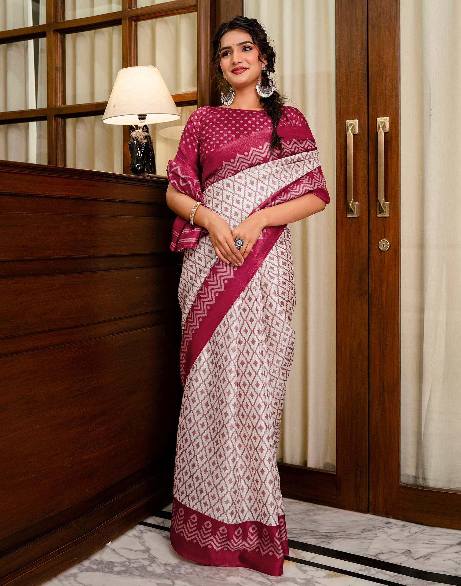 Off White Khadi Ikkat Printed Saree 