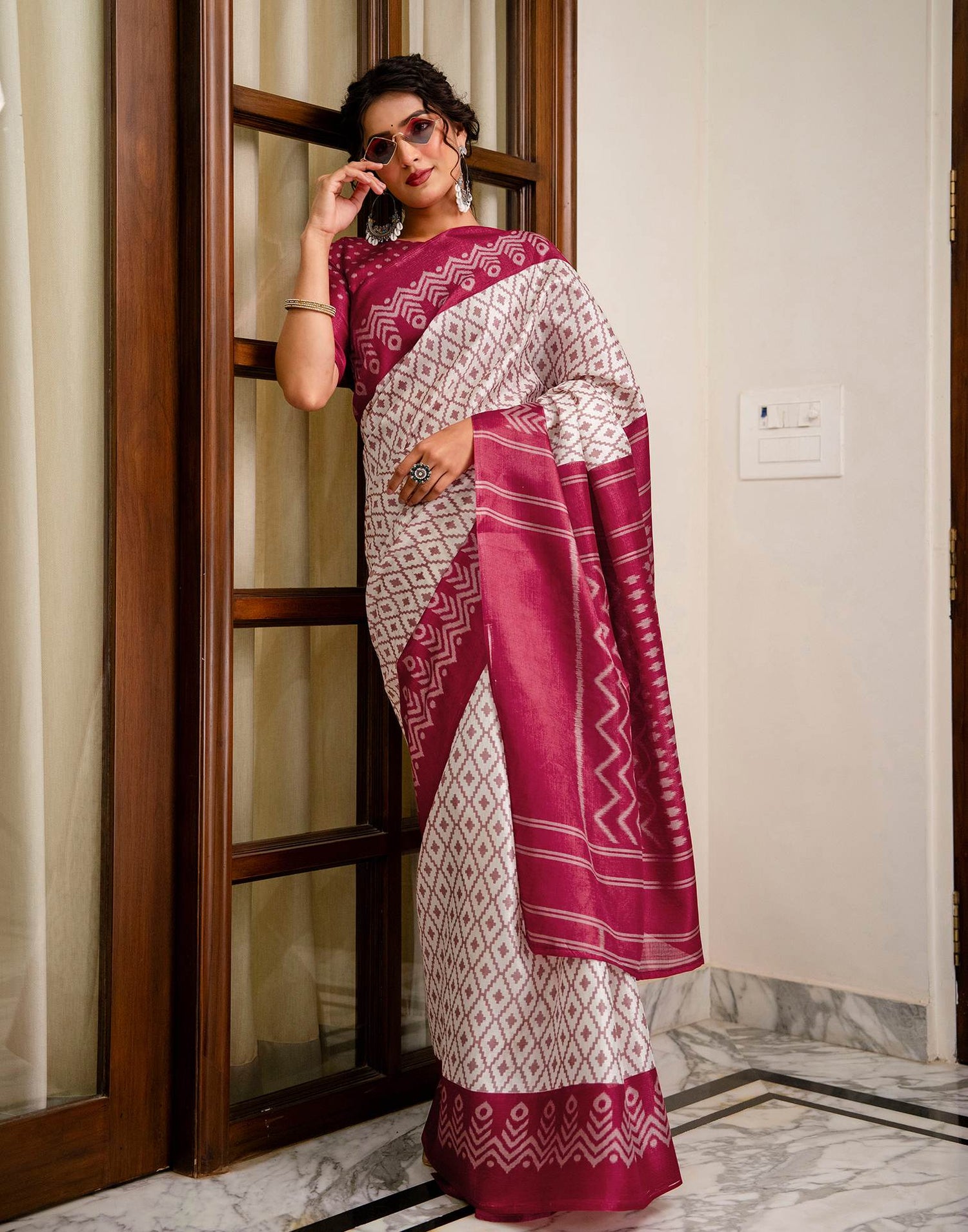 Off White Khadi Ikkat Printed Saree 