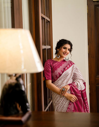 Off White Khadi Ikkat Printed Saree 