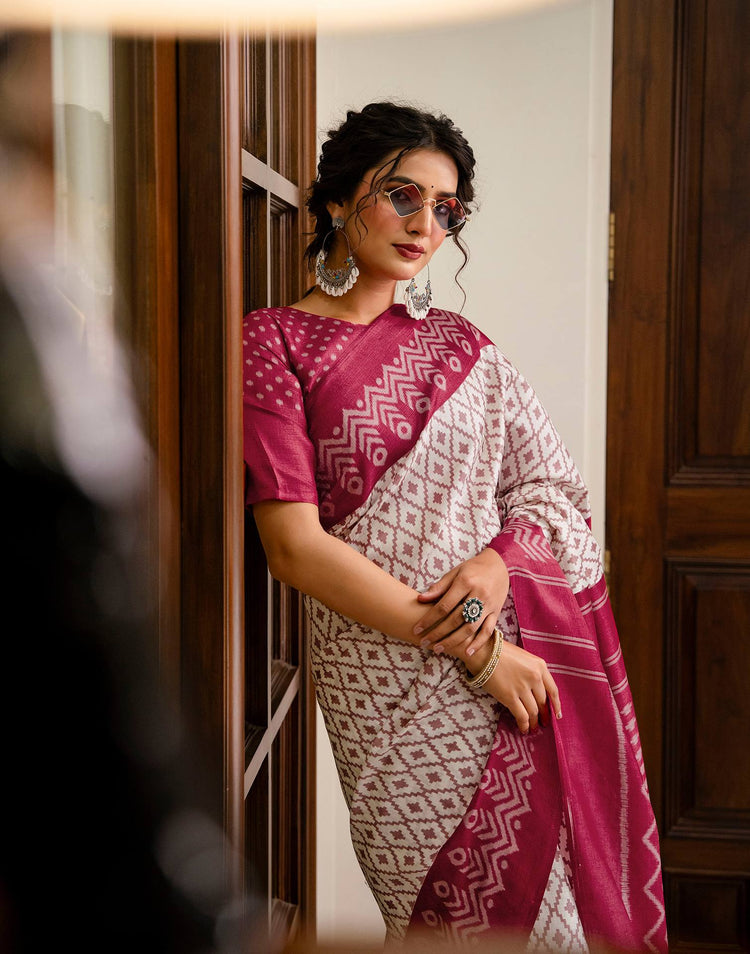 Off White Khadi Ikkat Printed Saree 
