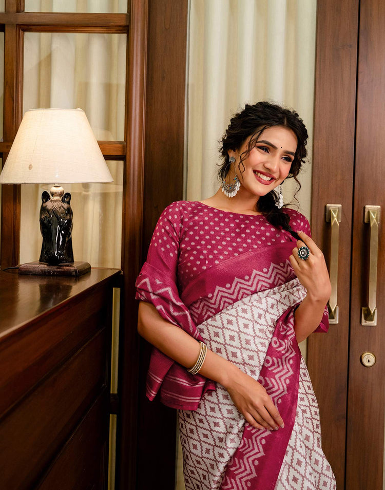 Off White Khadi Ikkat Printed Saree 
