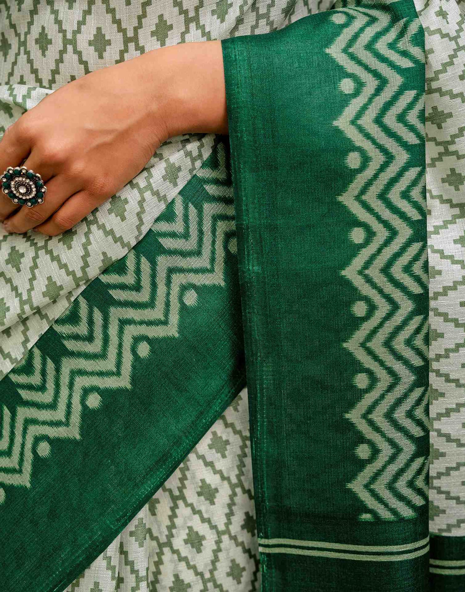 Off White Khadi Ikkat Printed Saree 