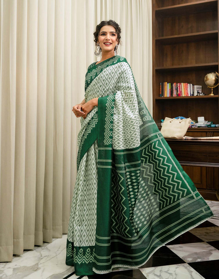 Off White Khadi Ikkat Printed Saree 