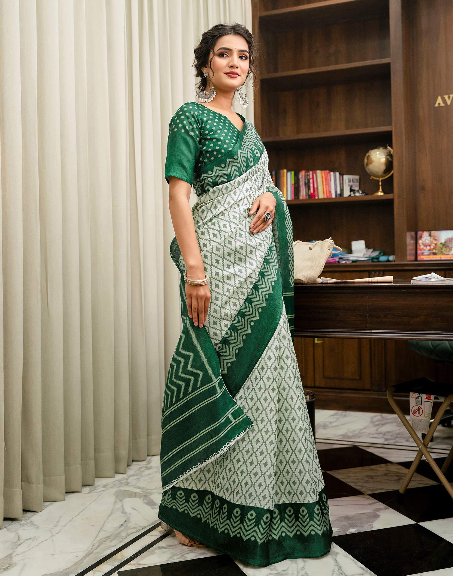 Off White Khadi Ikkat Printed Saree 