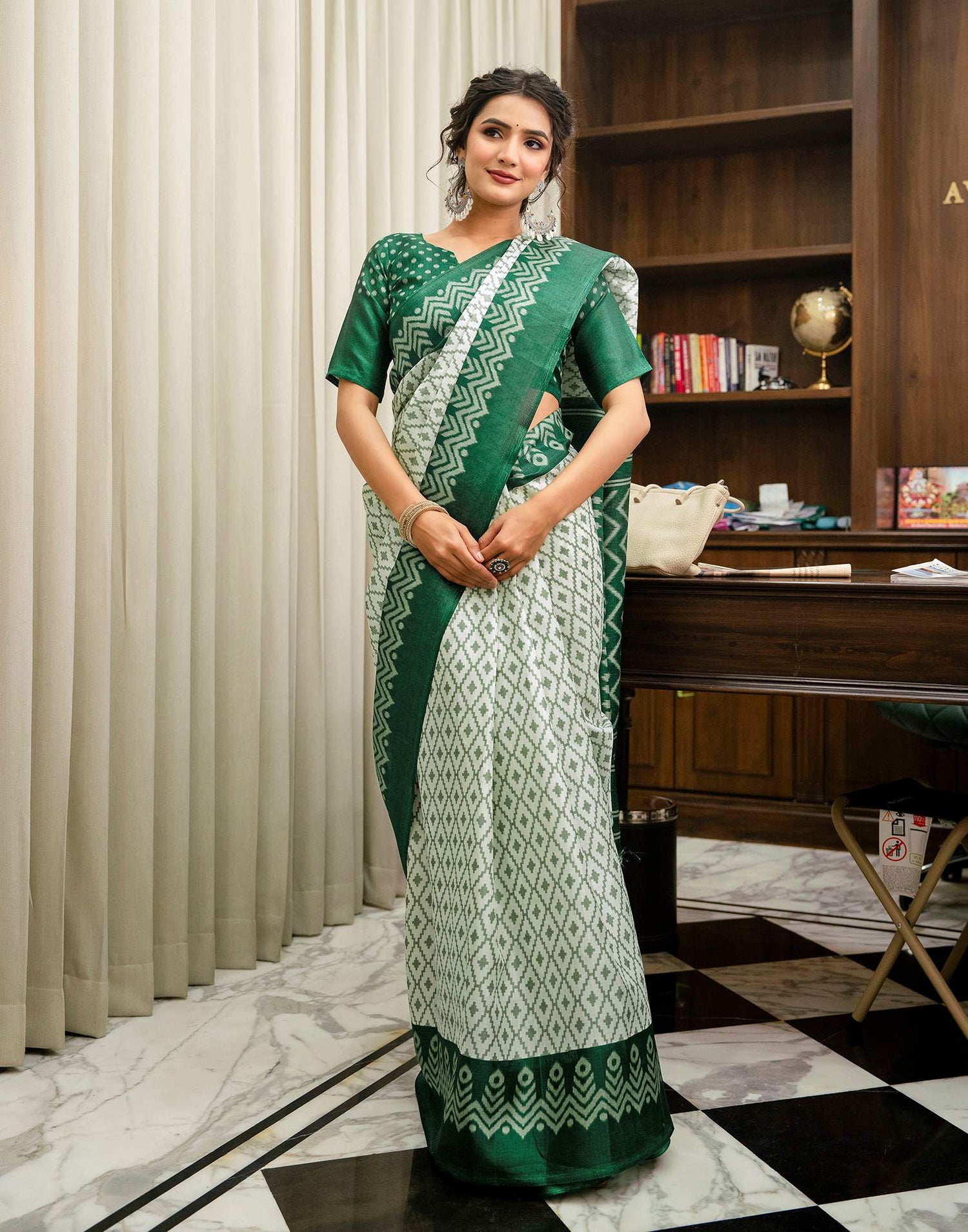 Off White Khadi Ikkat Printed Saree 