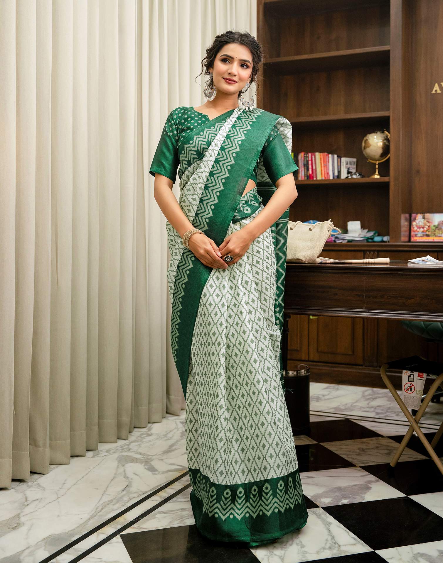 Off White Khadi Ikkat Printed Saree 