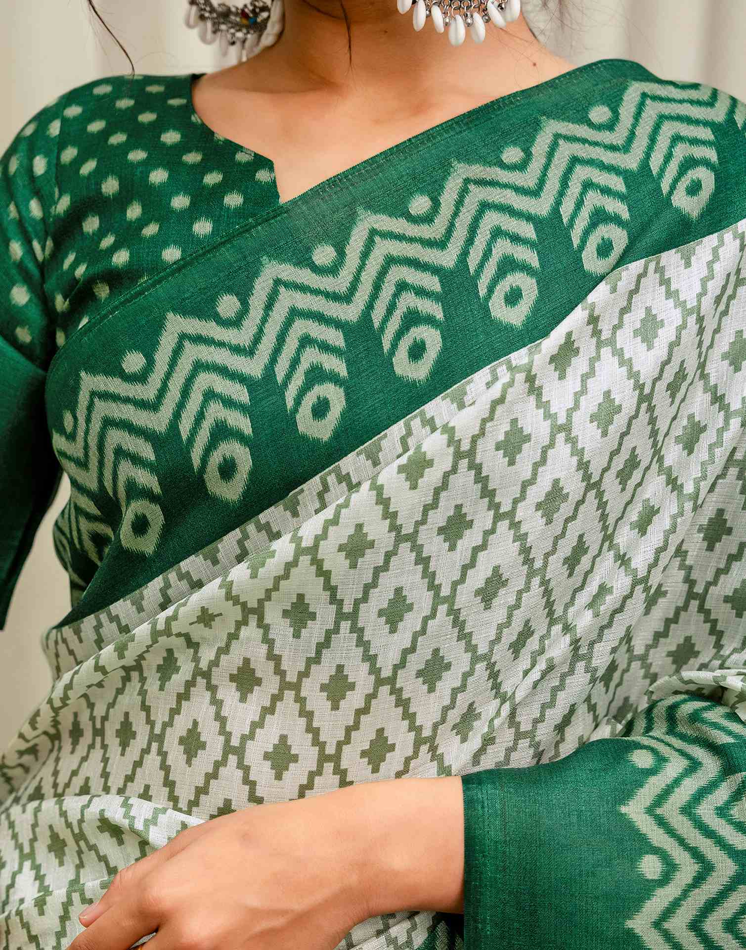 Off White Khadi Ikkat Printed Saree 