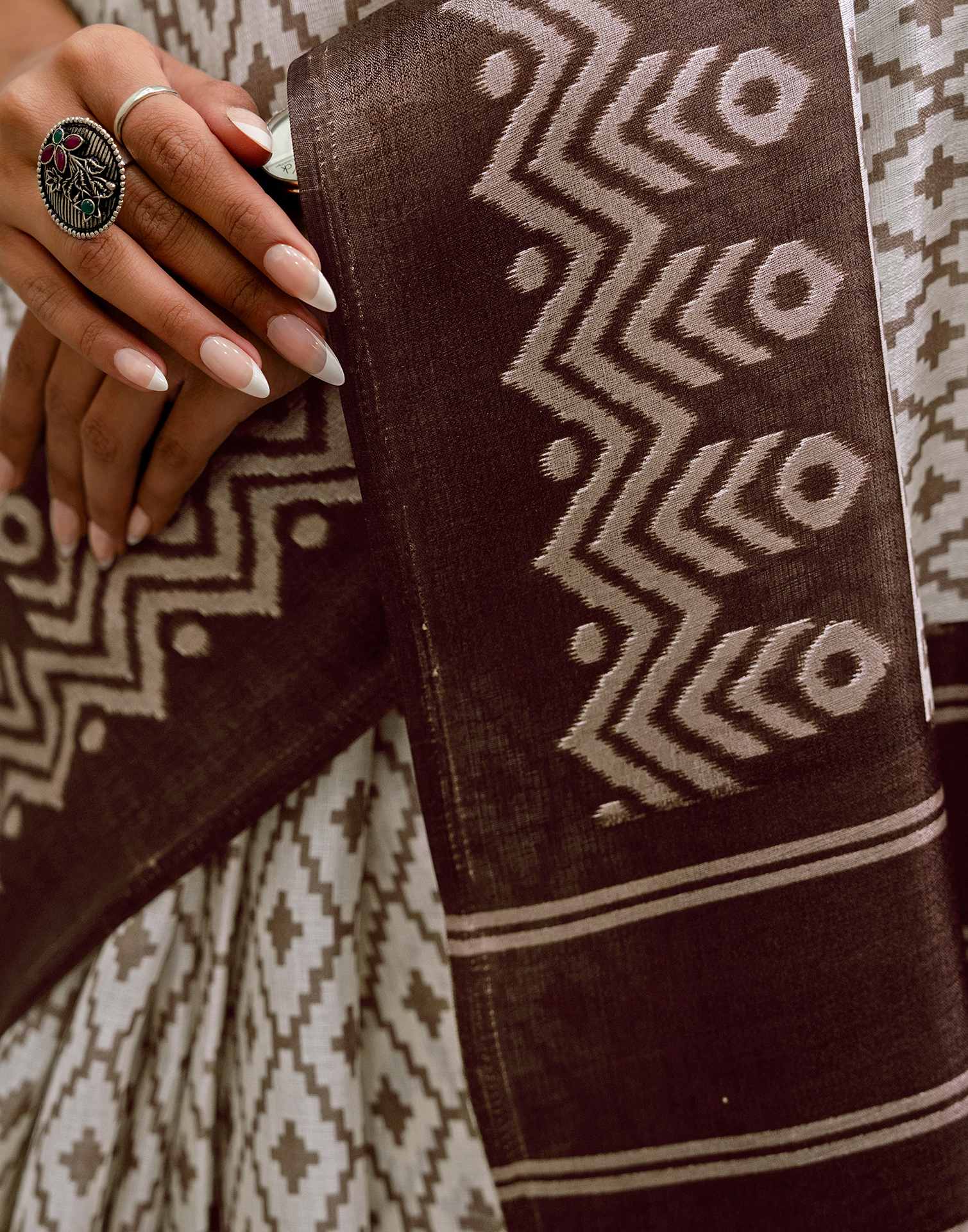 Off White Khadi Ikkat Printed Saree 