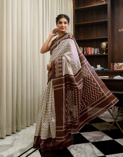 Off White Khadi Ikkat Printed Saree 