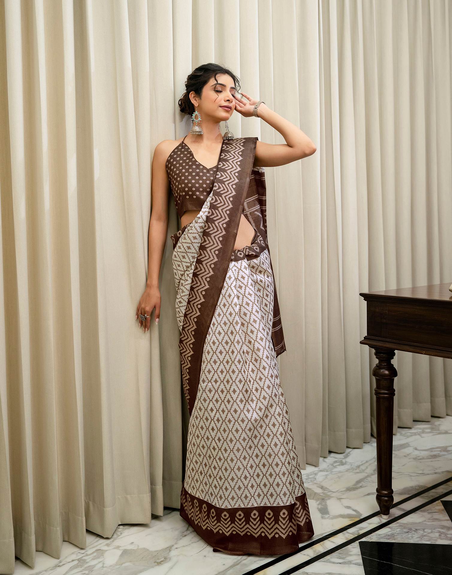 Off White Khadi Ikkat Printed Saree 
