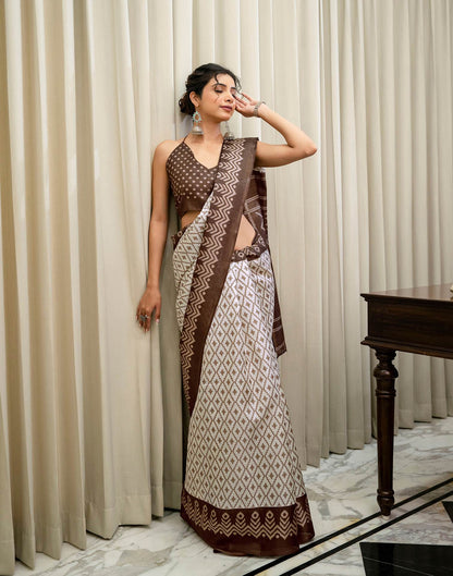 Off White Khadi Ikkat Printed Saree 