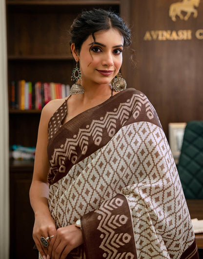 Off White Khadi Ikkat Printed Saree 