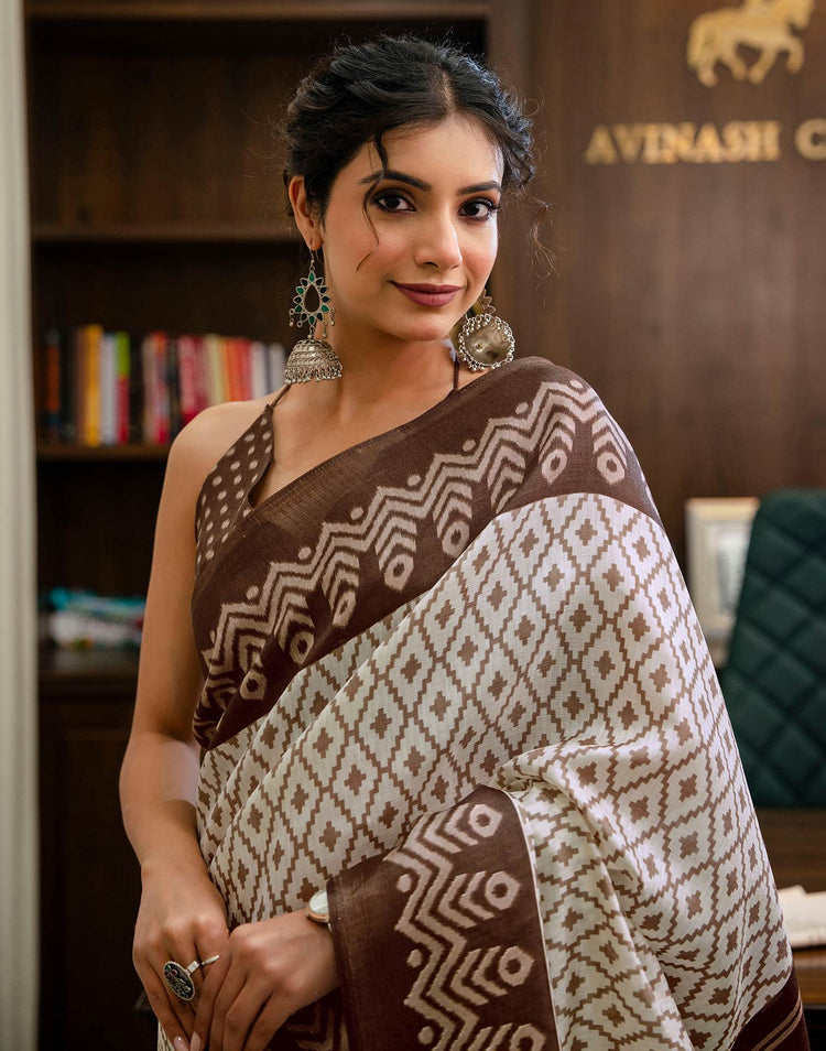 Off White Khadi Ikkat Printed Saree 