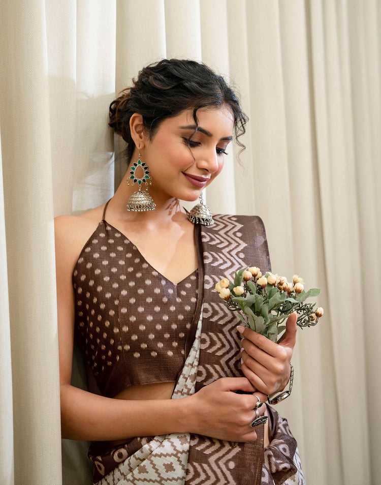 Off White Khadi Ikkat Printed Saree 