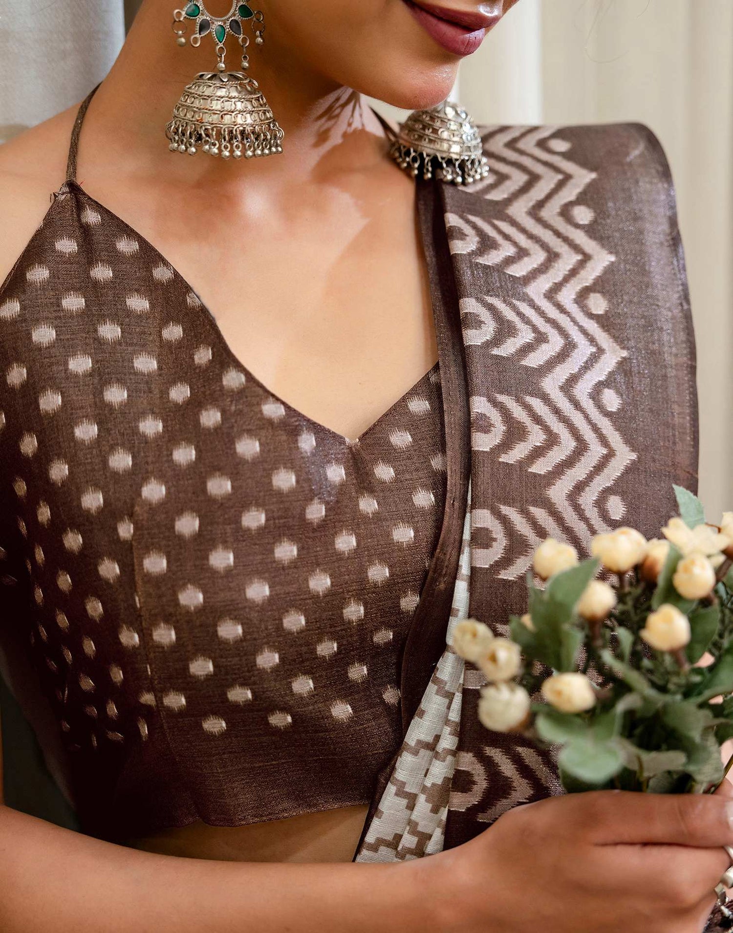Off White Khadi Ikkat Printed Saree 