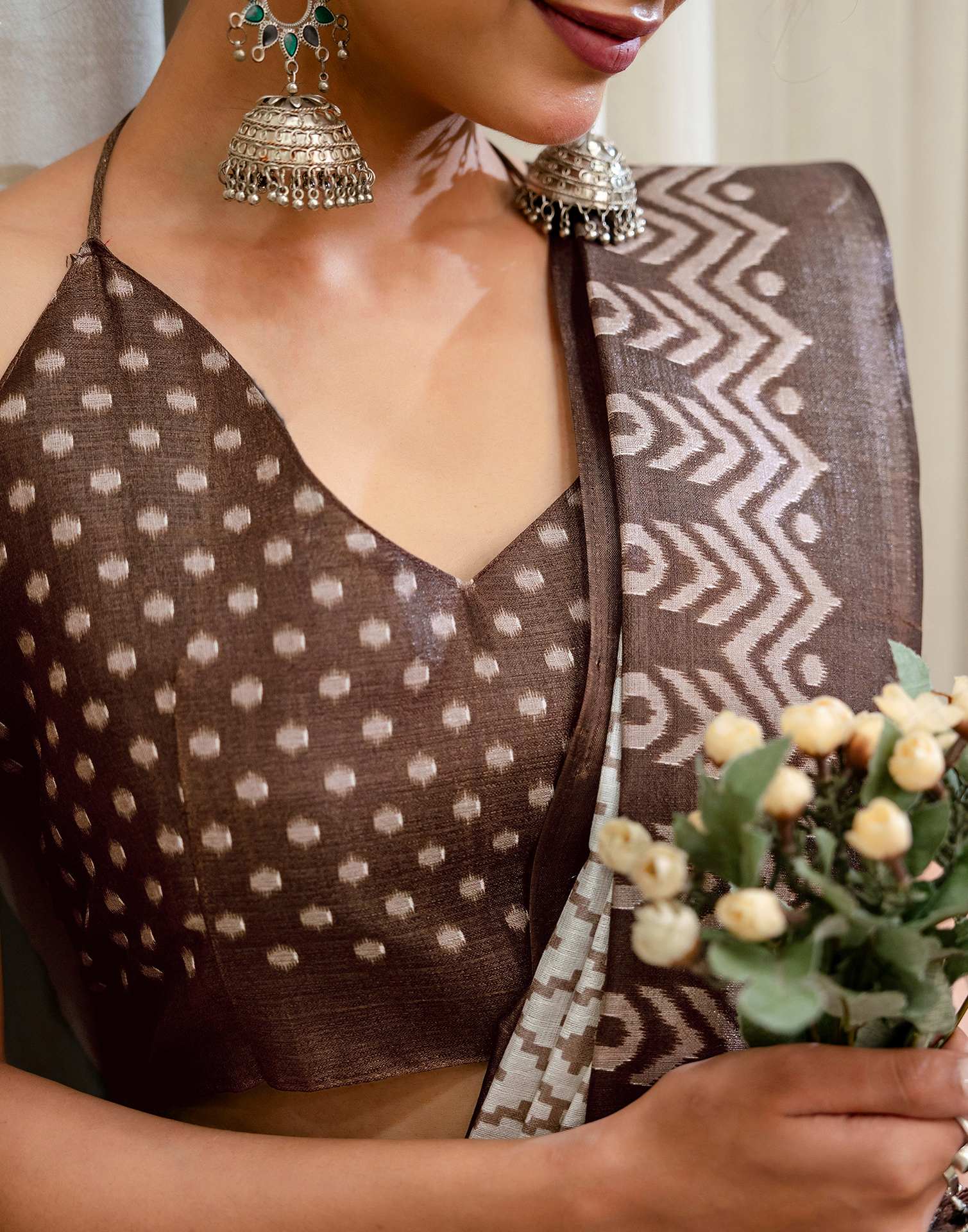 Off White Khadi Ikkat Printed Saree 