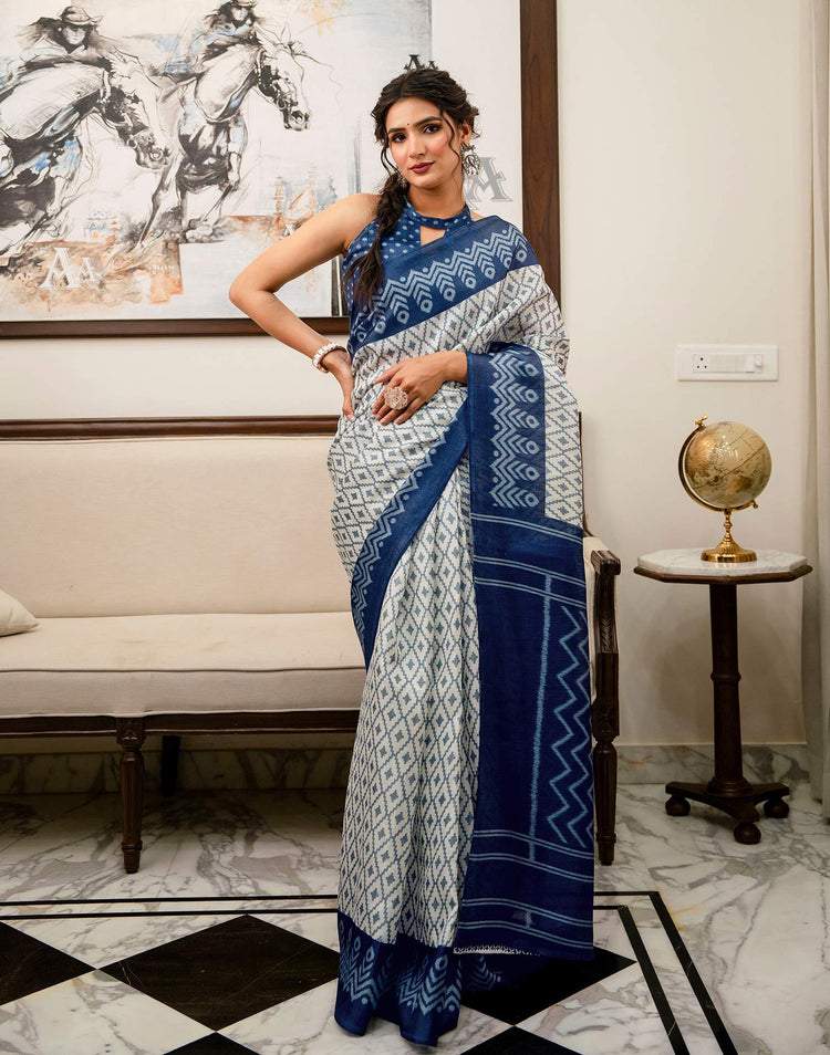 Off White Khadi Ikkat Printed Saree 