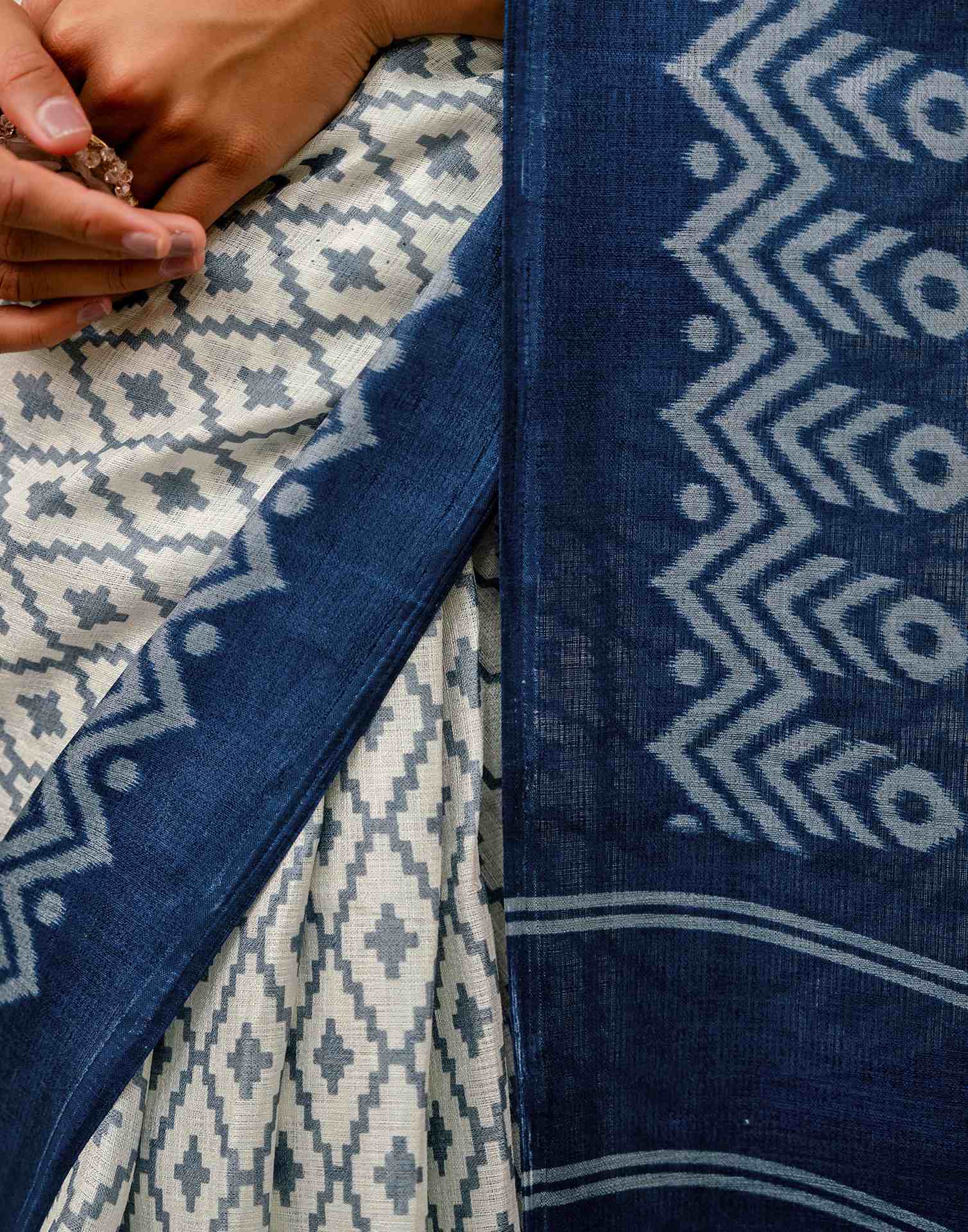 Off White Khadi Ikkat Printed Saree 