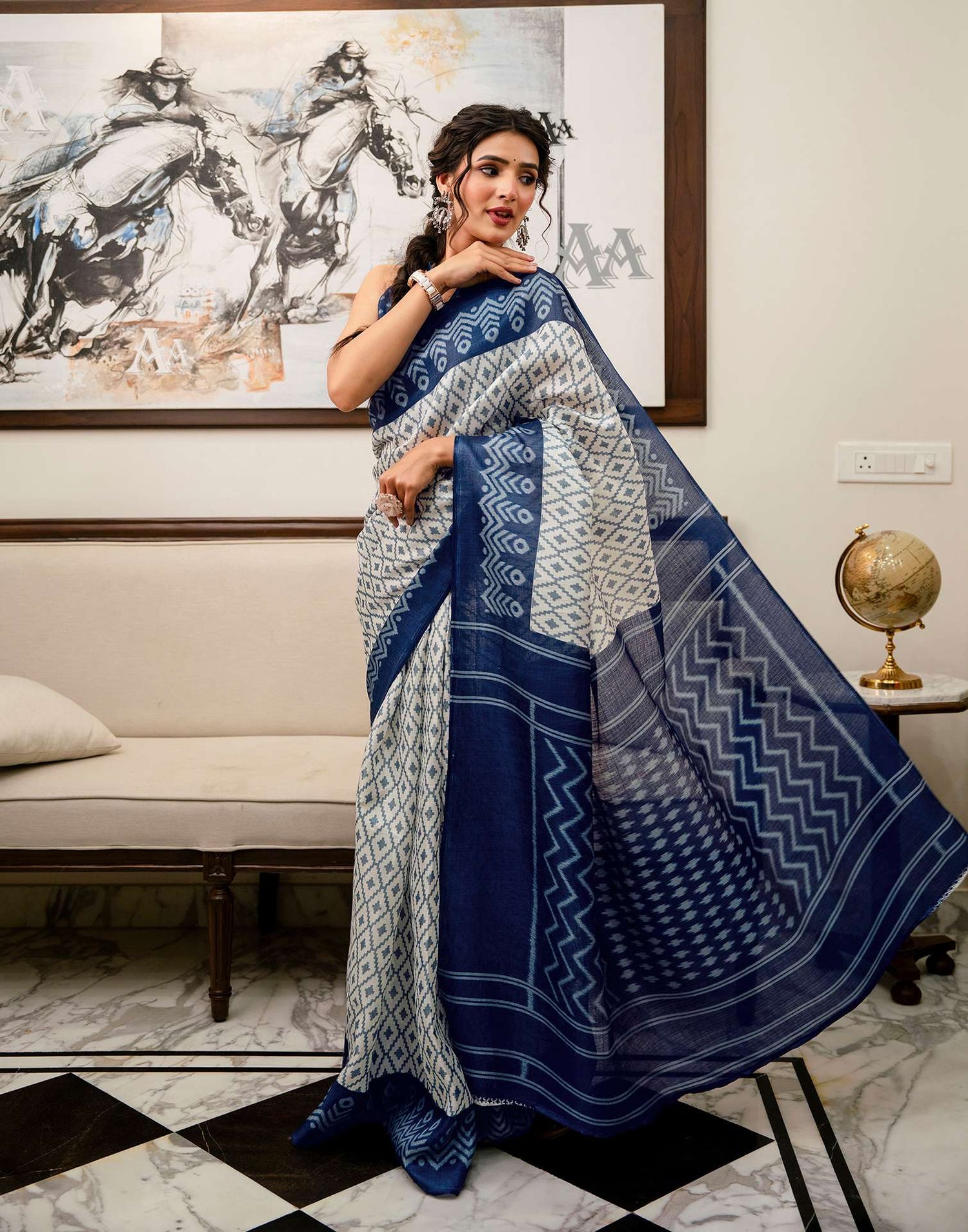 Off White Khadi Ikkat Printed Saree 