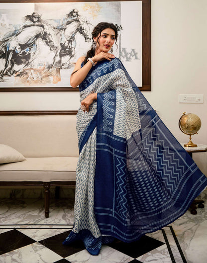 Off White Khadi Ikkat Printed Saree 